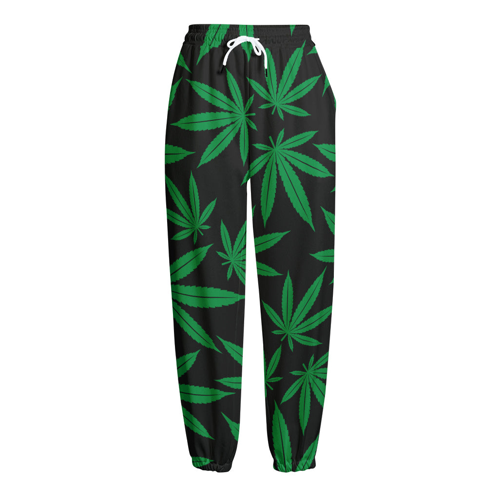 Green And Black Cannabis Leaf Print Fleece Lined Knit Pants