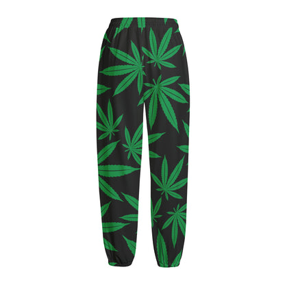 Green And Black Cannabis Leaf Print Fleece Lined Knit Pants