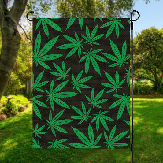 Green And Black Cannabis Leaf Print Garden Flag