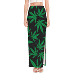 Green And Black Cannabis Leaf Print High Slit Maxi Skirt