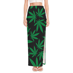 Green And Black Cannabis Leaf Print High Slit Maxi Skirt