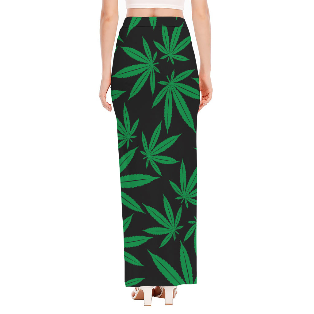 Green And Black Cannabis Leaf Print High Slit Maxi Skirt