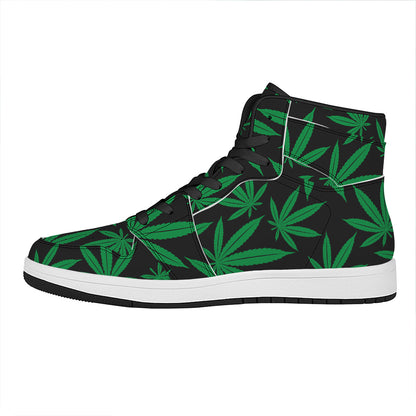 Green And Black Cannabis Leaf Print High Top Leather Sneakers