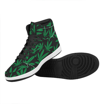 Green And Black Cannabis Leaf Print High Top Leather Sneakers