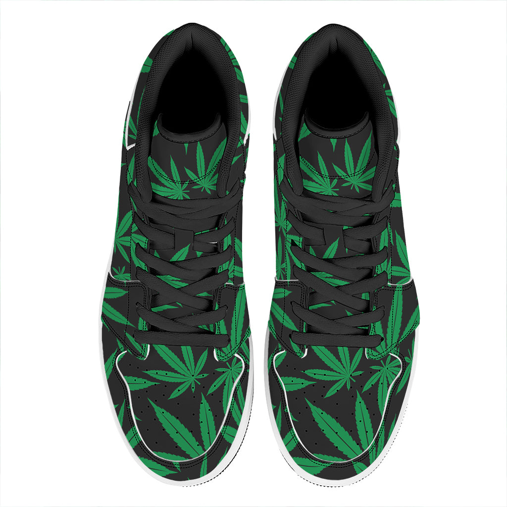 Green And Black Cannabis Leaf Print High Top Leather Sneakers