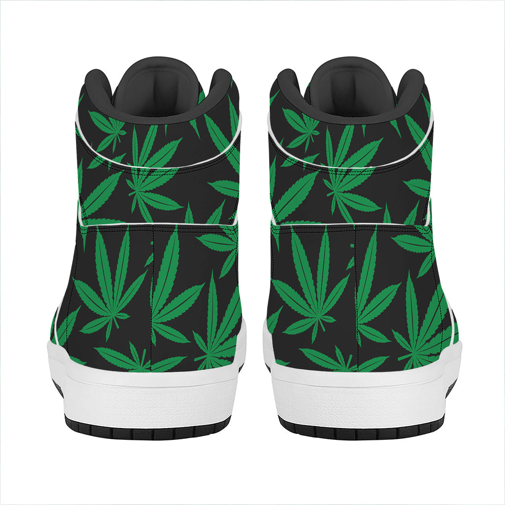 Green And Black Cannabis Leaf Print High Top Leather Sneakers
