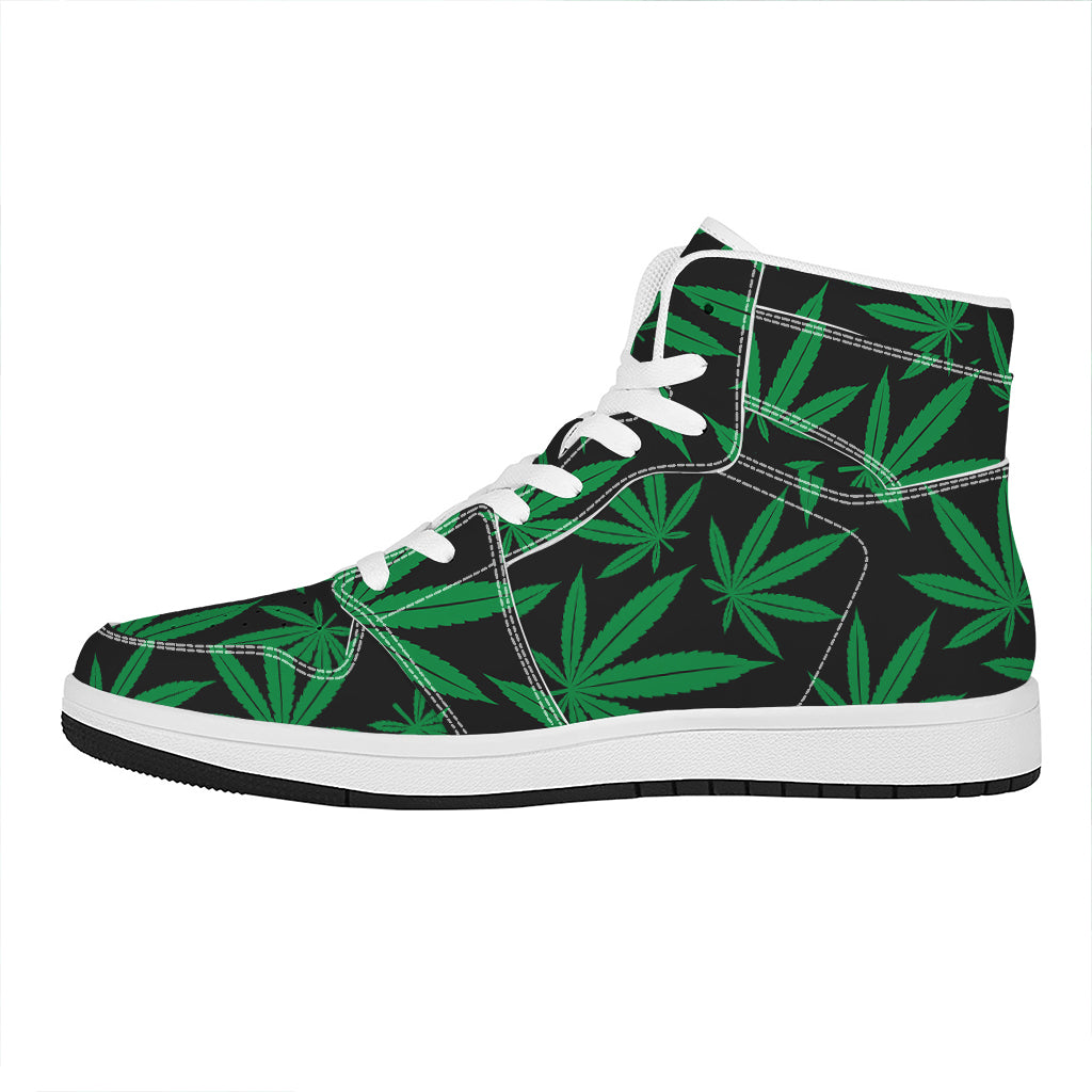 Green And Black Cannabis Leaf Print High Top Leather Sneakers
