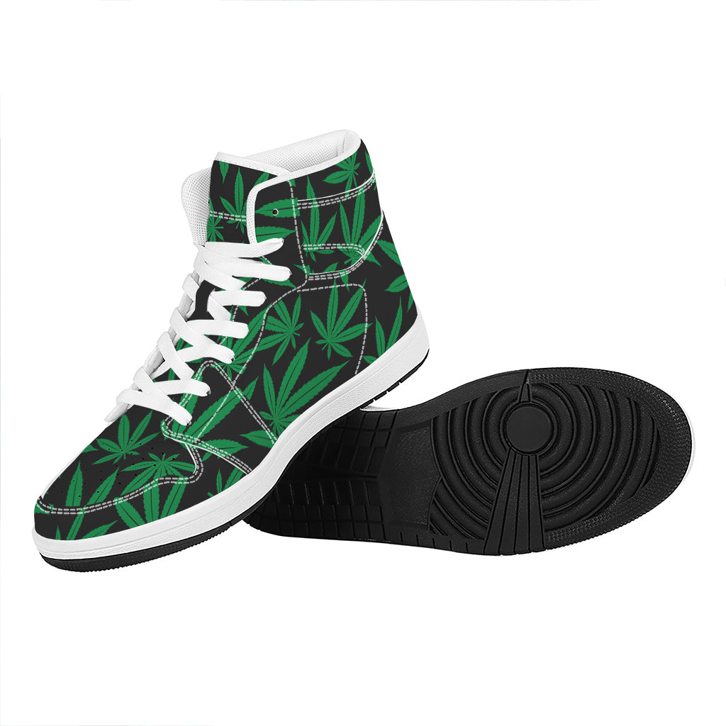 Green And Black Cannabis Leaf Print High Top Leather Sneakers