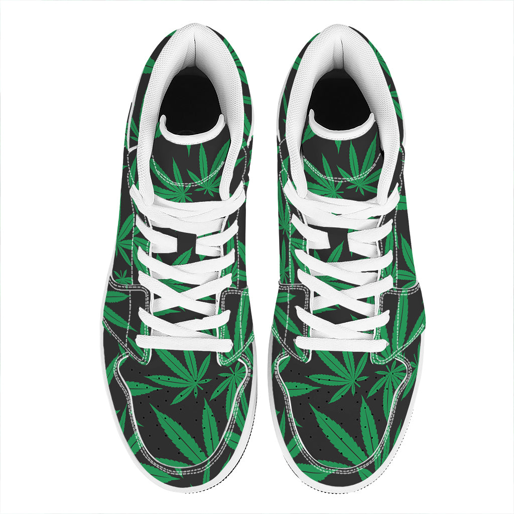 Green And Black Cannabis Leaf Print High Top Leather Sneakers