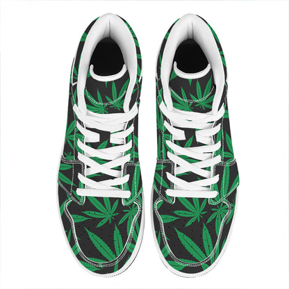 Green And Black Cannabis Leaf Print High Top Leather Sneakers