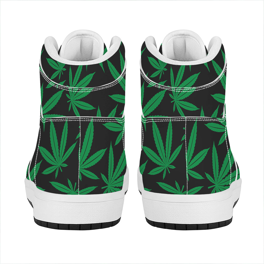 Green And Black Cannabis Leaf Print High Top Leather Sneakers