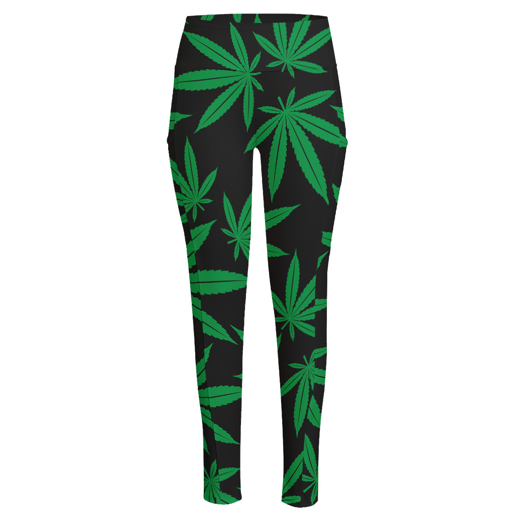 Green And Black Cannabis Leaf Print High-Waisted Pocket Leggings