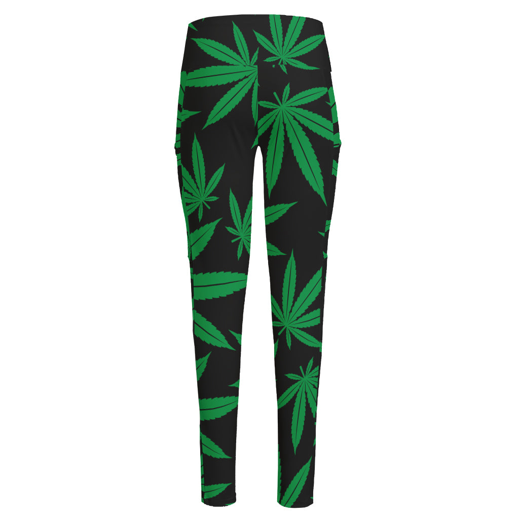 Green And Black Cannabis Leaf Print High-Waisted Pocket Leggings