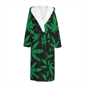 Green And Black Cannabis Leaf Print Hooded Bathrobe