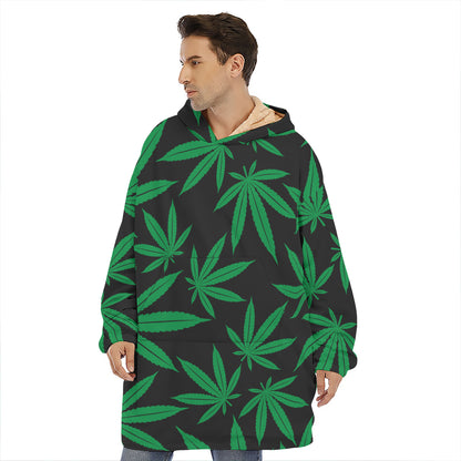 Green And Black Cannabis Leaf Print Hoodie Blanket