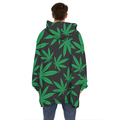 Green And Black Cannabis Leaf Print Hoodie Blanket