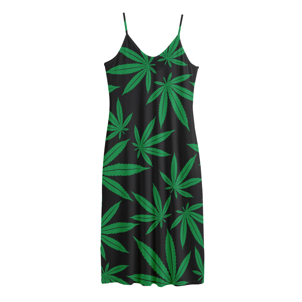 Green And Black Cannabis Leaf Print Jersey Midi Cami Dress