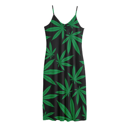 Green And Black Cannabis Leaf Print Jersey Midi Cami Dress