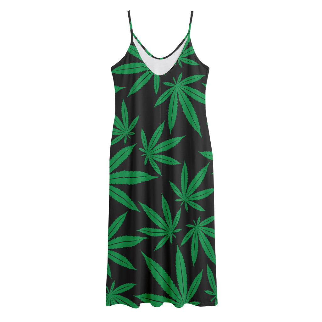 Green And Black Cannabis Leaf Print Jersey Midi Cami Dress