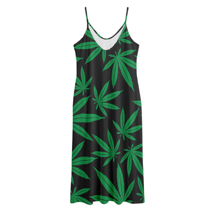 Green And Black Cannabis Leaf Print Jersey Midi Cami Dress