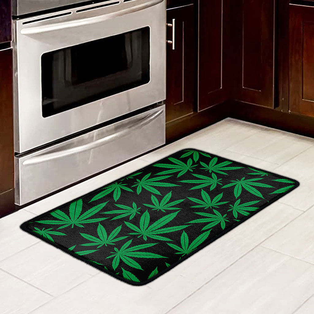 Green And Black Cannabis Leaf Print Kitchen Mat