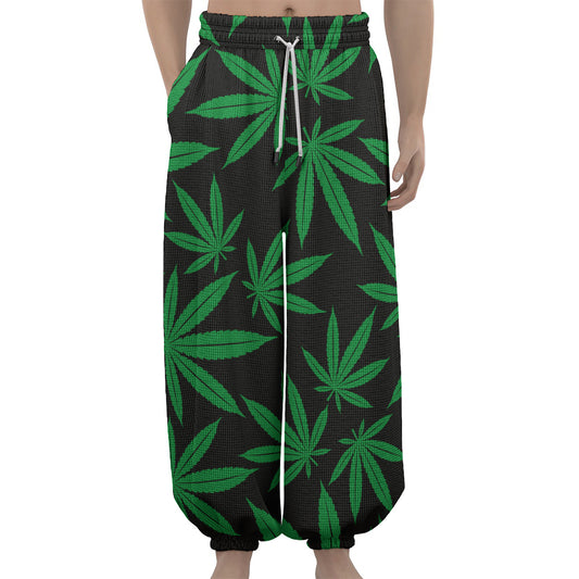 Green And Black Cannabis Leaf Print Lantern Pants
