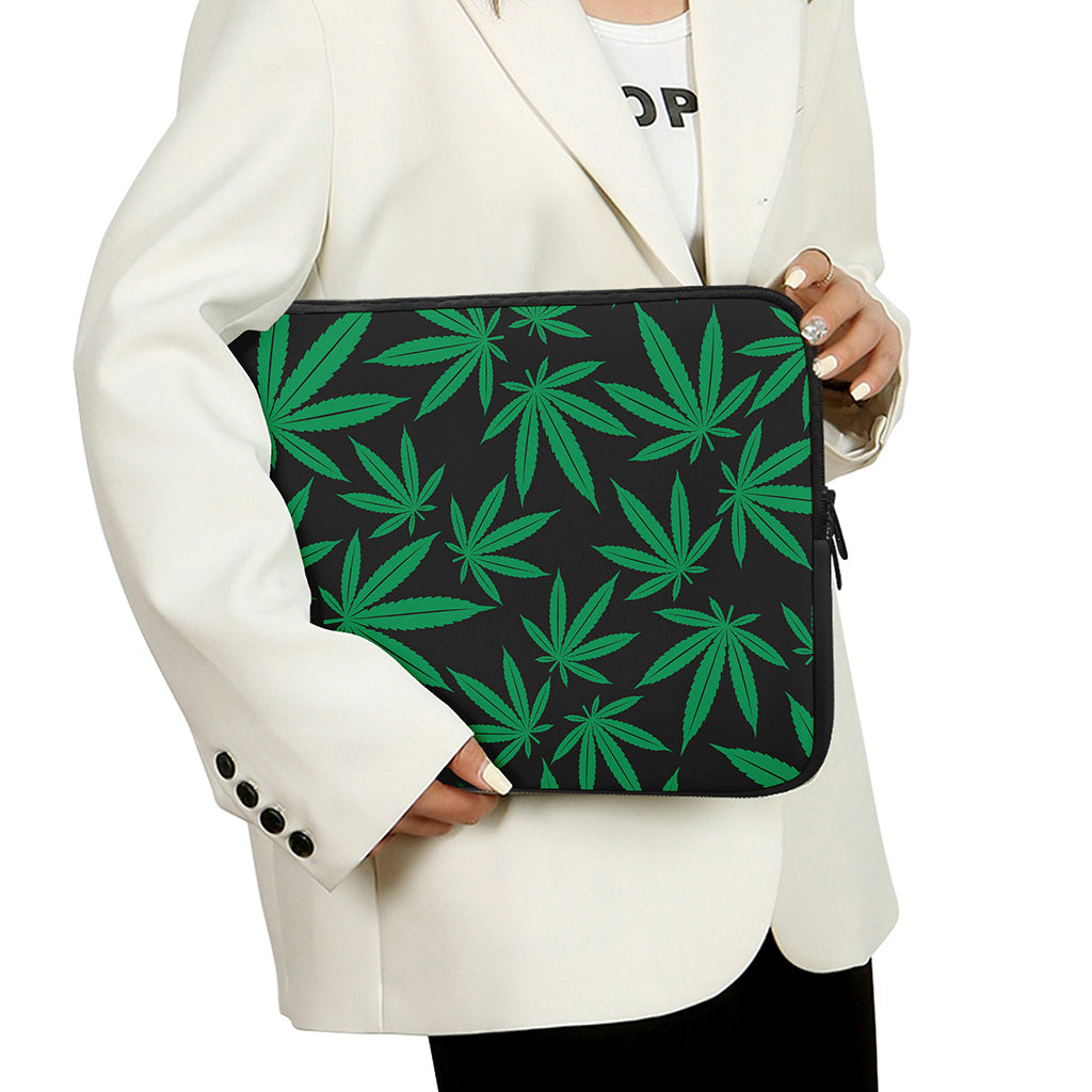 Green And Black Cannabis Leaf Print Laptop Sleeve