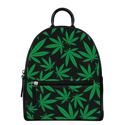 Green And Black Cannabis Leaf Print Leather Backpack