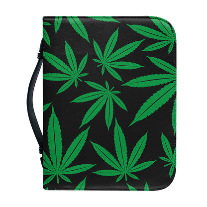 Green And Black Cannabis Leaf Print Leather Bible Cover