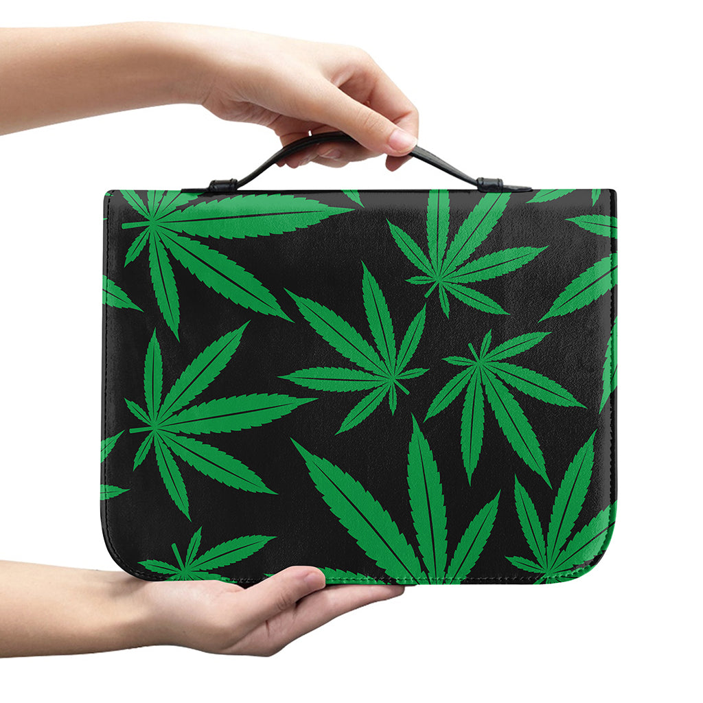 Green And Black Cannabis Leaf Print Leather Bible Cover