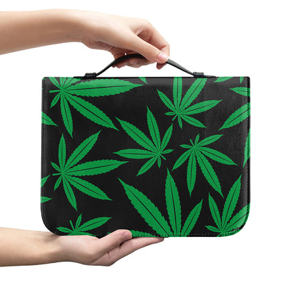 Green And Black Cannabis Leaf Print Leather Bible Cover