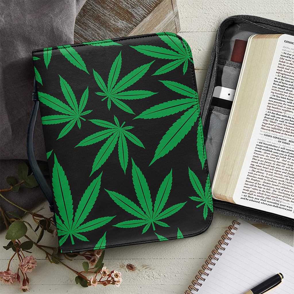 Green And Black Cannabis Leaf Print Leather Bible Cover