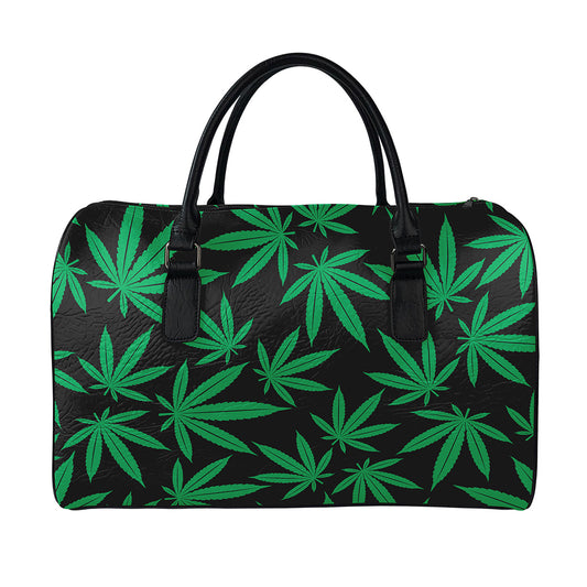 Green And Black Cannabis Leaf Print Leather Duffle Bag