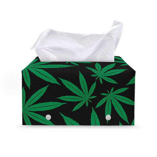 Green And Black Cannabis Leaf Print Leather Tissue Box Cover