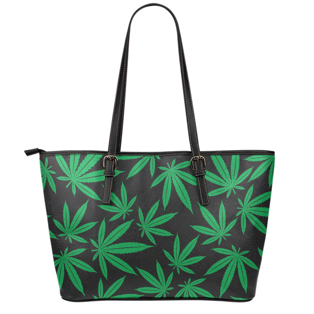 Green And Black Cannabis Leaf Print Leather Tote Bag