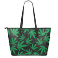 Green And Black Cannabis Leaf Print Leather Tote Bag With Zipper