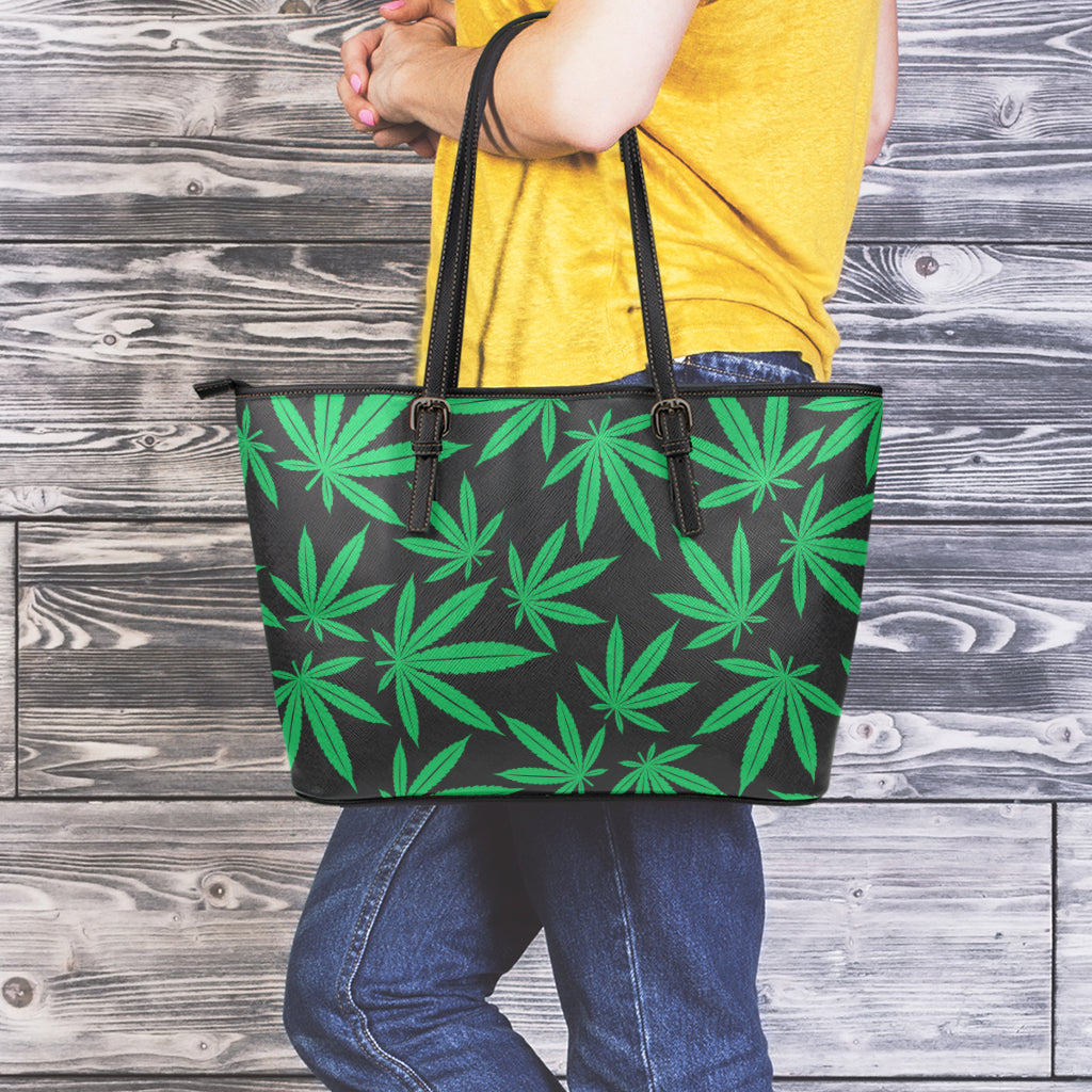 Green And Black Cannabis Leaf Print Leather Tote Bag