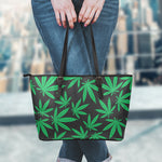 Green And Black Cannabis Leaf Print Leather Tote Bag