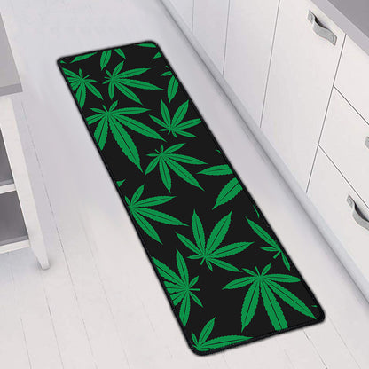 Green And Black Cannabis Leaf Print Long Kitchen Mat