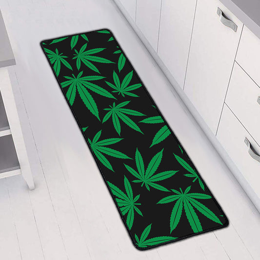 Green And Black Cannabis Leaf Print Long Kitchen Mat