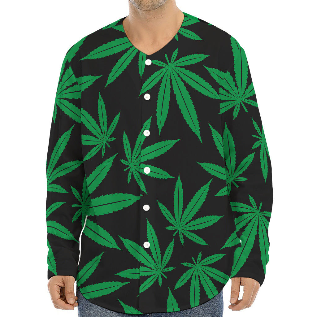 Green And Black Cannabis Leaf Print Long Sleeve Baseball Jersey