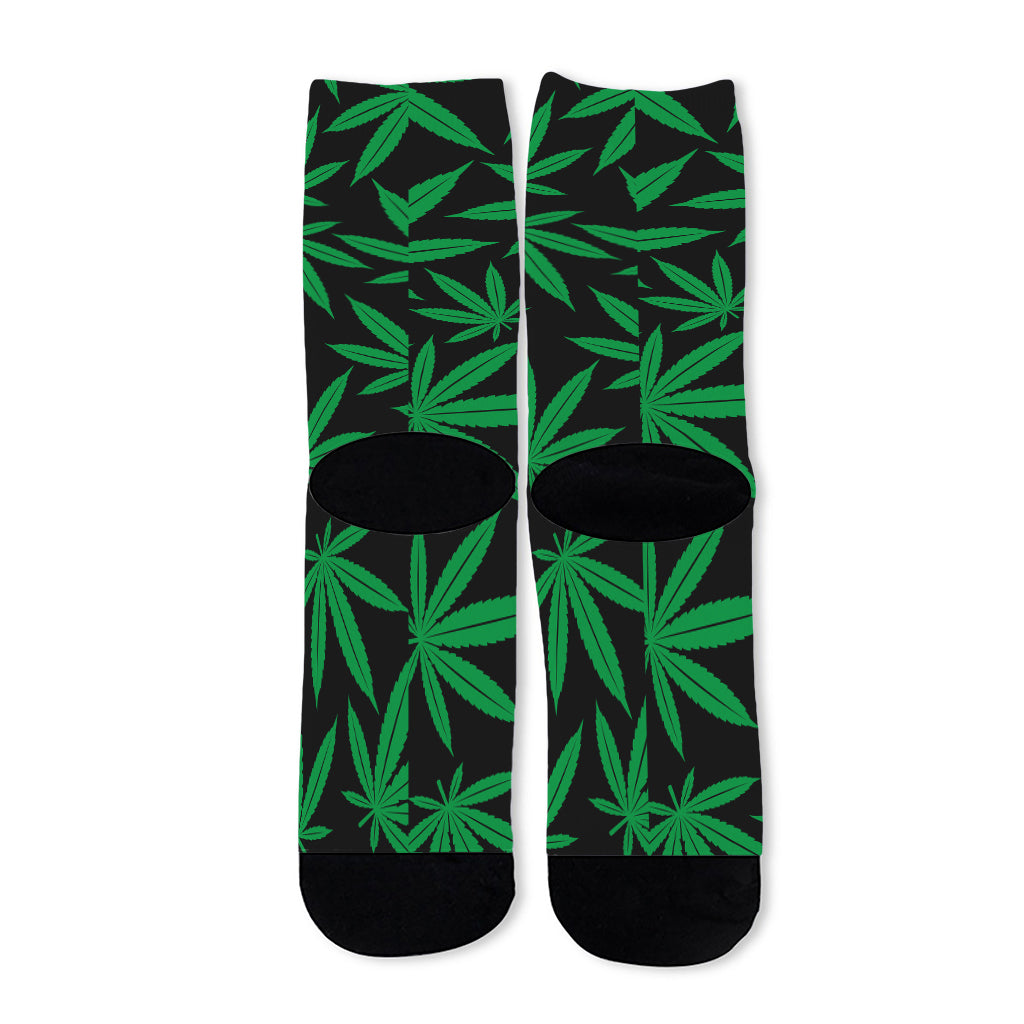 Green And Black Cannabis Leaf Print Long Socks