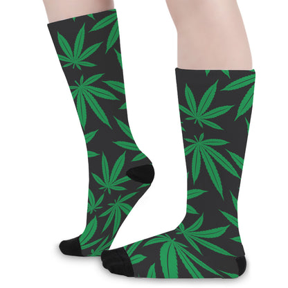 Green And Black Cannabis Leaf Print Long Socks