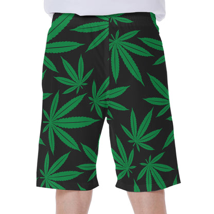 Green And Black Cannabis Leaf Print Men's Beach Shorts
