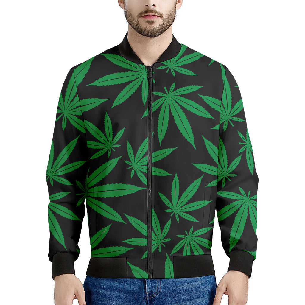 Green And Black Cannabis Leaf Print Men's Bomber Jacket