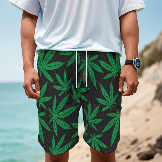 Green And Black Cannabis Leaf Print Men's Cargo Shorts