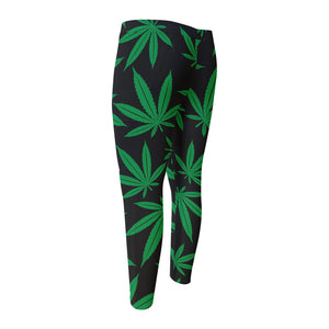 Green And Black Cannabis Leaf Print Men's Compression Pants