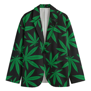 Green And Black Cannabis Leaf Print Men's Cotton Blazer