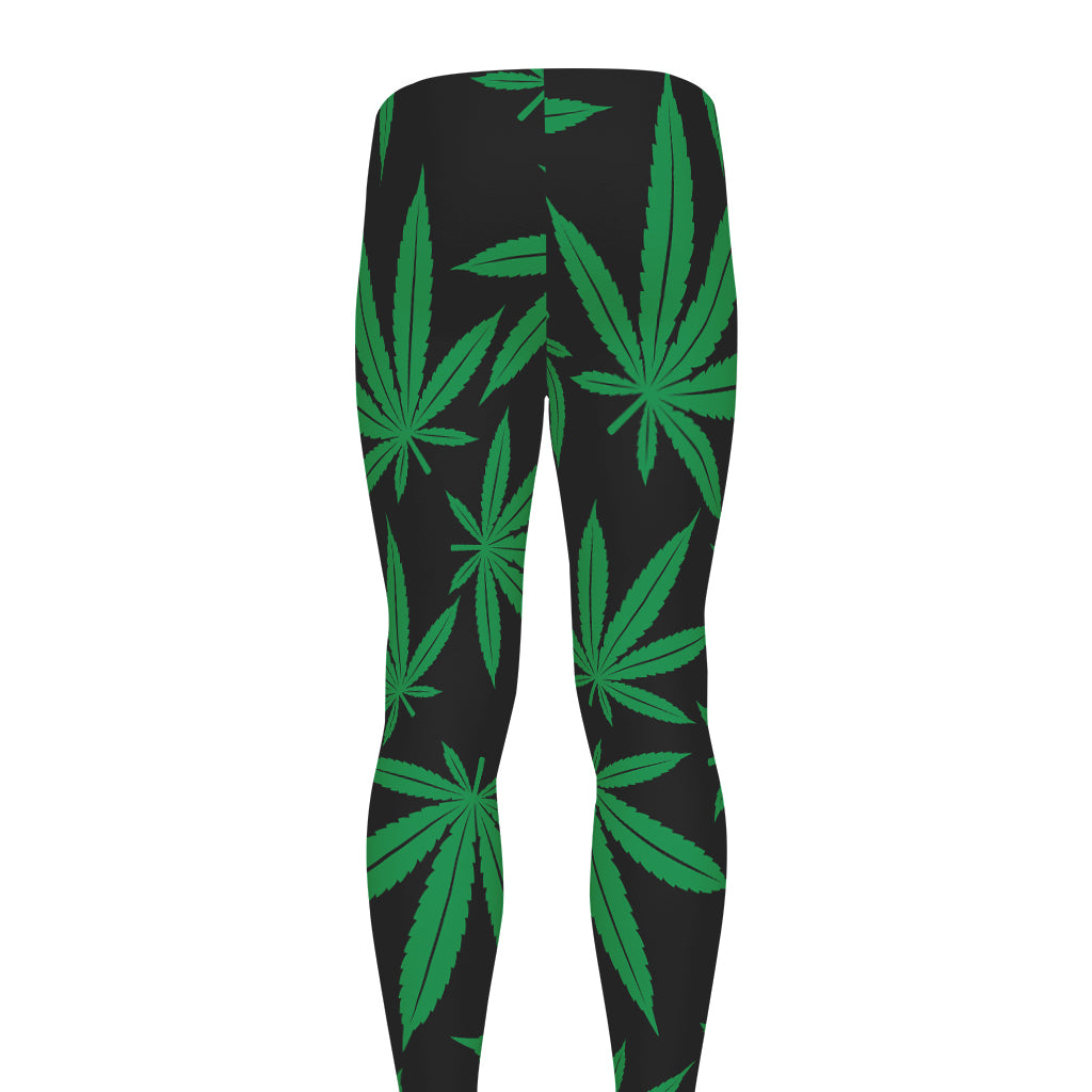 Green And Black Cannabis Leaf Print Men's leggings