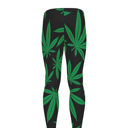Green And Black Cannabis Leaf Print Men's leggings